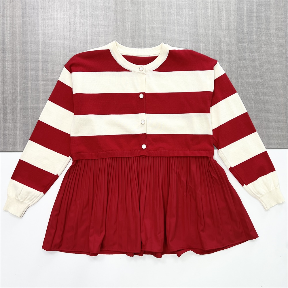 Трикотажное платье в полоску и плиссе для девочек на заказ: Красное и кремовое, классический дизайн, Универсальная детская одежда