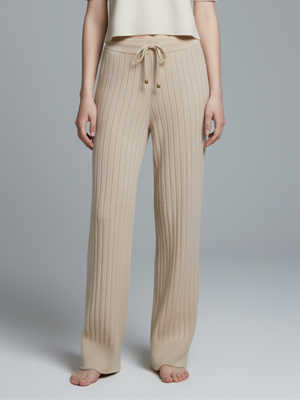 Широкие брюки из трикотажа в рубчик на заказ: Завязки на талии, нейтральный тон, дизайн в стиле Лаунж