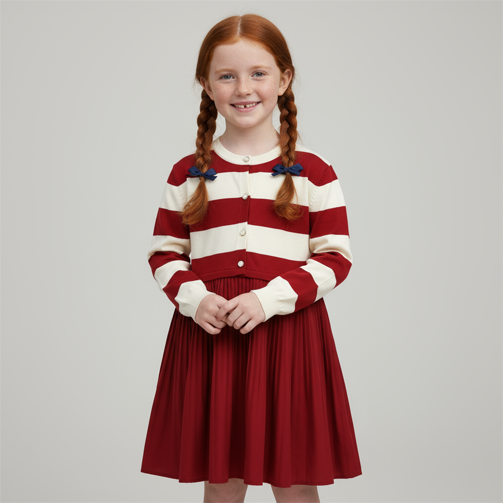 Трикотажное платье в полоску и плиссе для девочек на заказ: Красное и кремовое, классический дизайн, Универсальная детская одежда