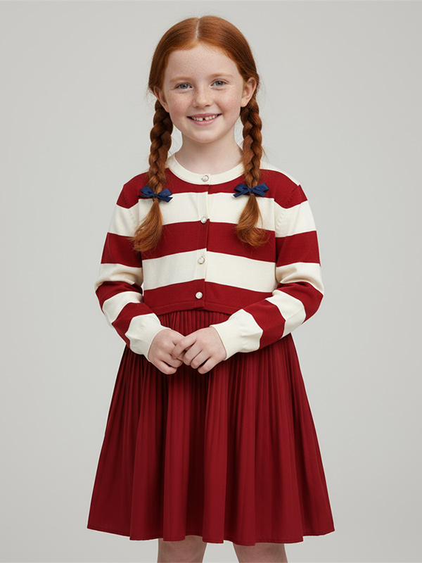 Трикотажное платье в полоску и плиссе для девочек на заказ: Красное и кремовое, классический дизайн, Универсальная детская одежда
