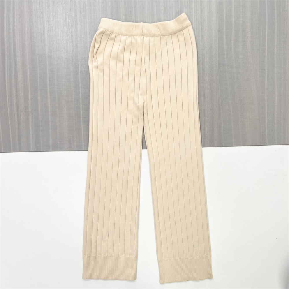 Широкие брюки из трикотажа в рубчик на заказ: Завязки на талии, нейтральный тон, дизайн в стиле Лаунж