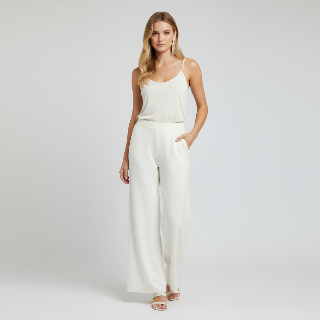 Широкие брюки из кремового трикотажа на заказ: Эластичный пояс, свободный крой, элегантный дизайн