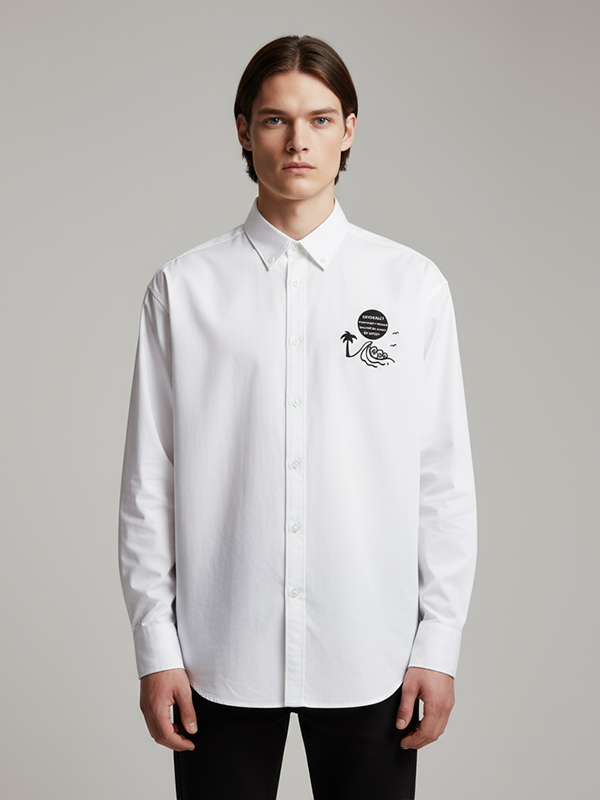 Мужская белая рубашка с графическим принтом на заказ: Тропический принт, непринужденный дизайн