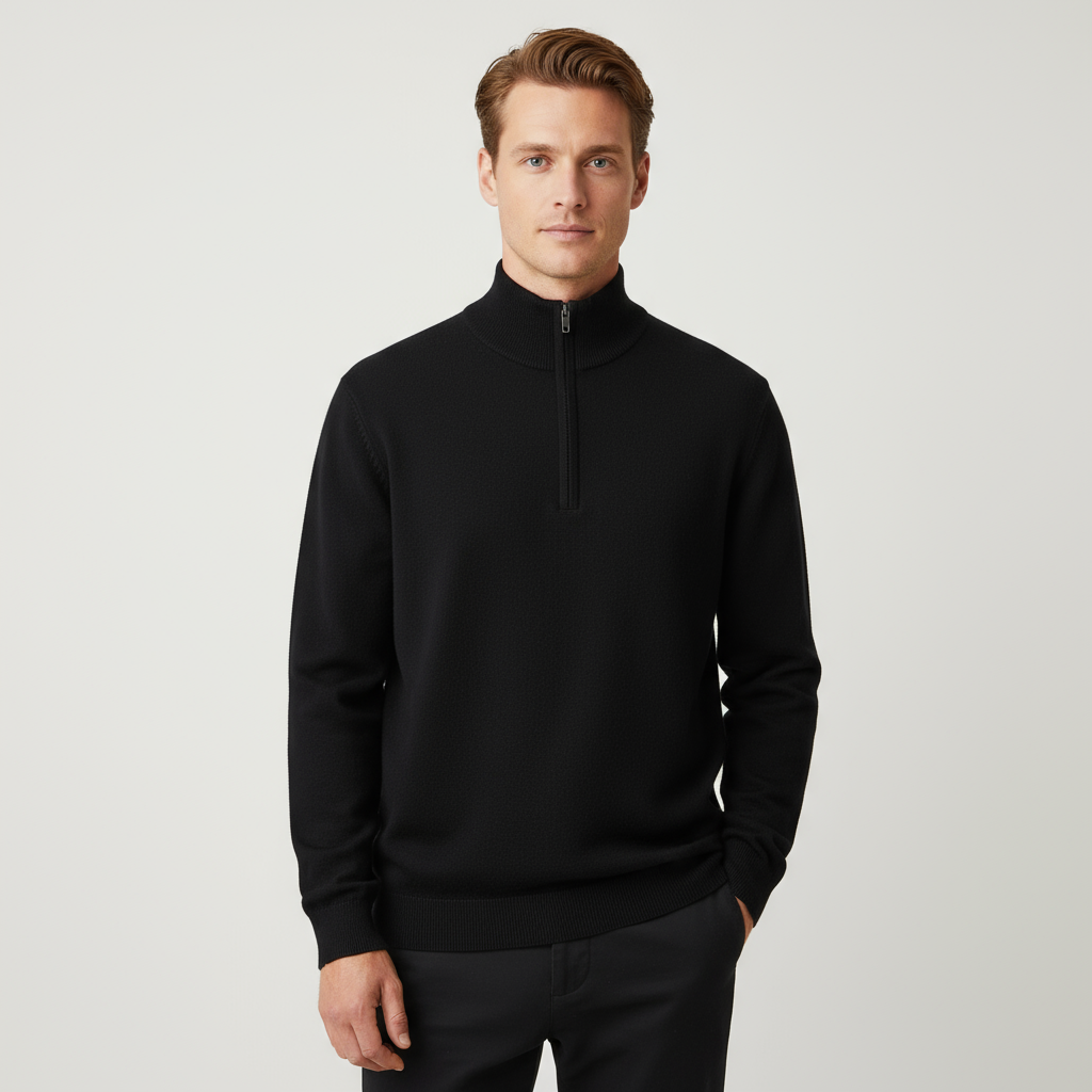 Мужской черный вязаный пуловер с застежкой-молнией по индивидуальному заказу: Минималистичный, универсальный повседневный дизайн