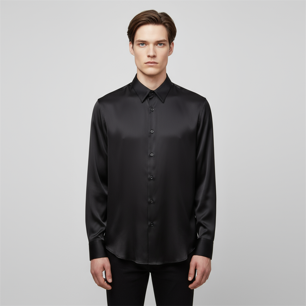 Мужская атласная черная рубашка на заказ: шелковистая текстура, элегантный официально-повседневный дизайн