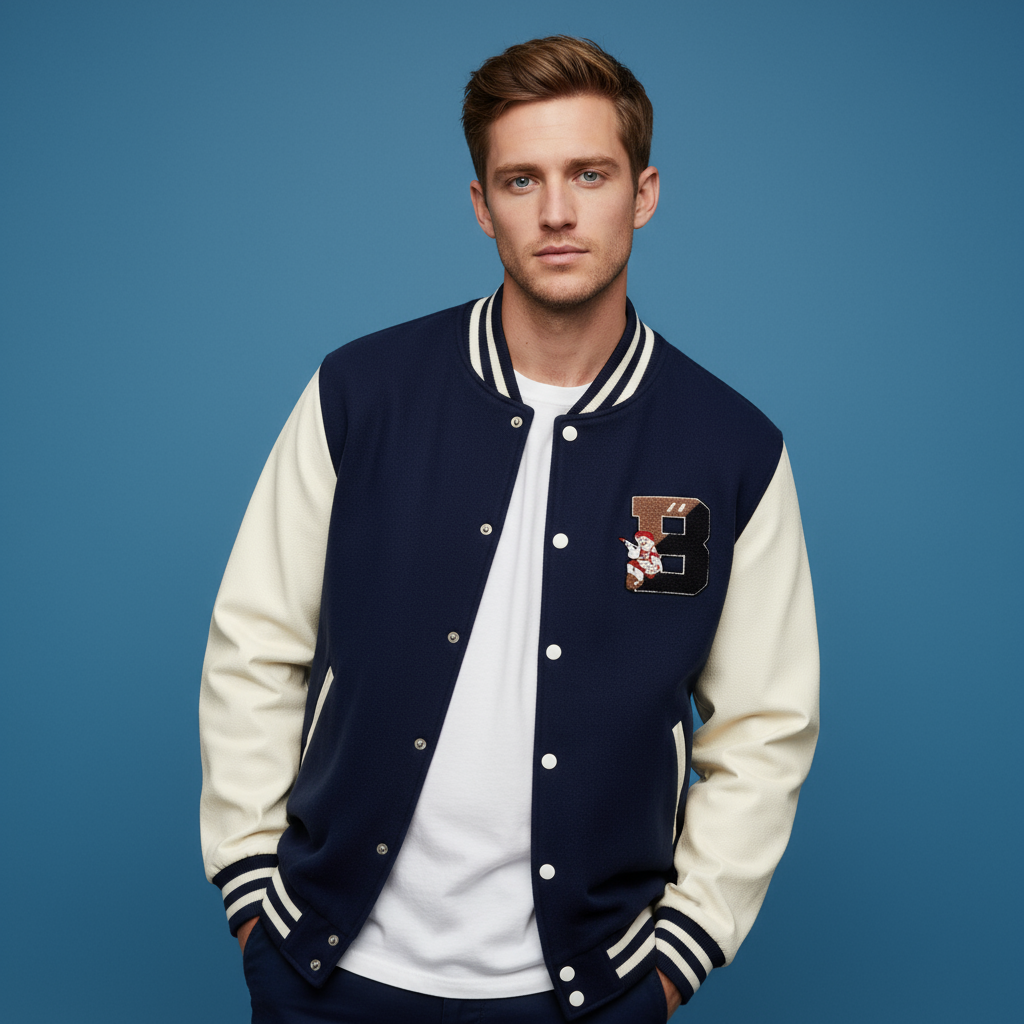Мужская школьная куртка на заказ: Темно-синий и кремовый цвета, вышитый логотип, дизайн в стиле ретро-кэжуал