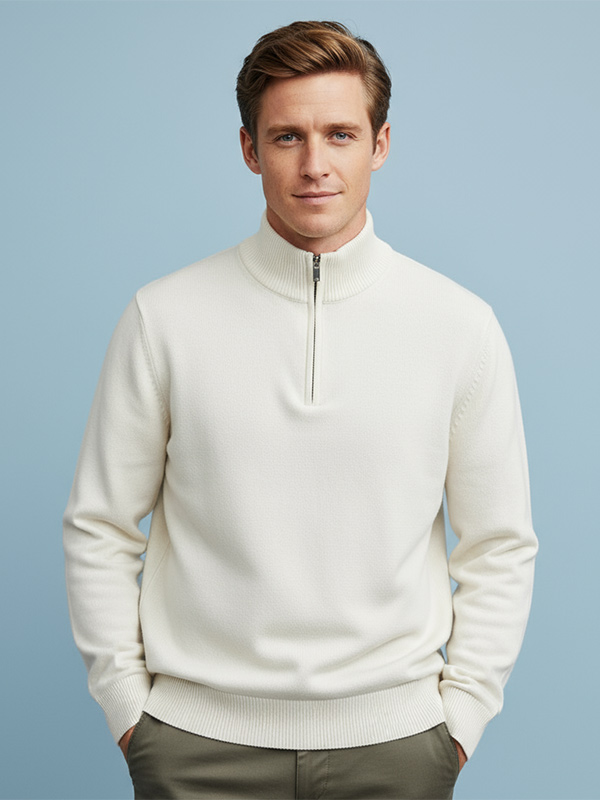 Мужской вязаный пуловер с застежкой-молнией по индивидуальному заказу: кремовый, приталенный крой, неподвластный времени повседневный дизайн