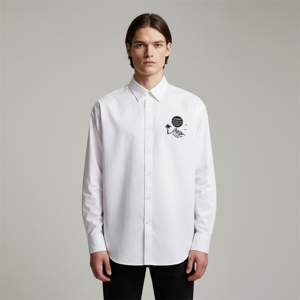 Мужская белая рубашка с графическим принтом на заказ: Тропический принт, непринужденный дизайн