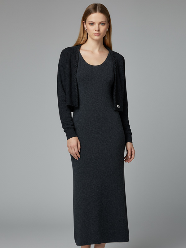 Женский комплект серого трикотажного платья на заказ: Макси без рукавов + укороченный кардиган, элегантный дизайн из 2 частей