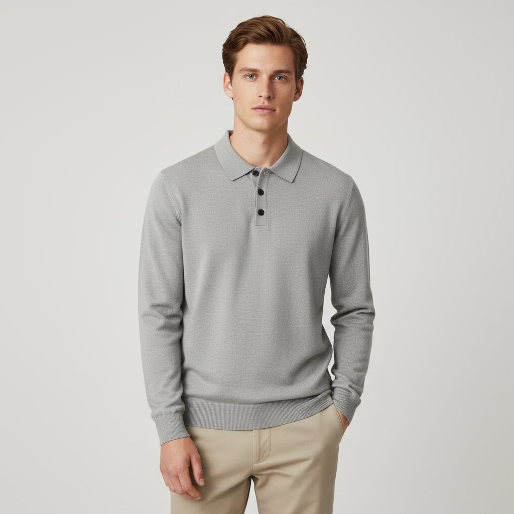 Мужское трикотажное поло светло-серого цвета: Длинный рукав, контрастные пуговицы, Повседневный минимализм