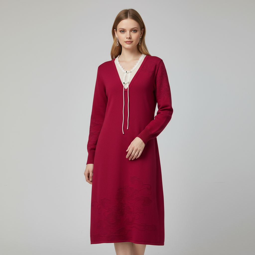 Женское красное трикотажное платье миди на заказ: Вышитый узор, V-образный вырез, элегантный дизайн