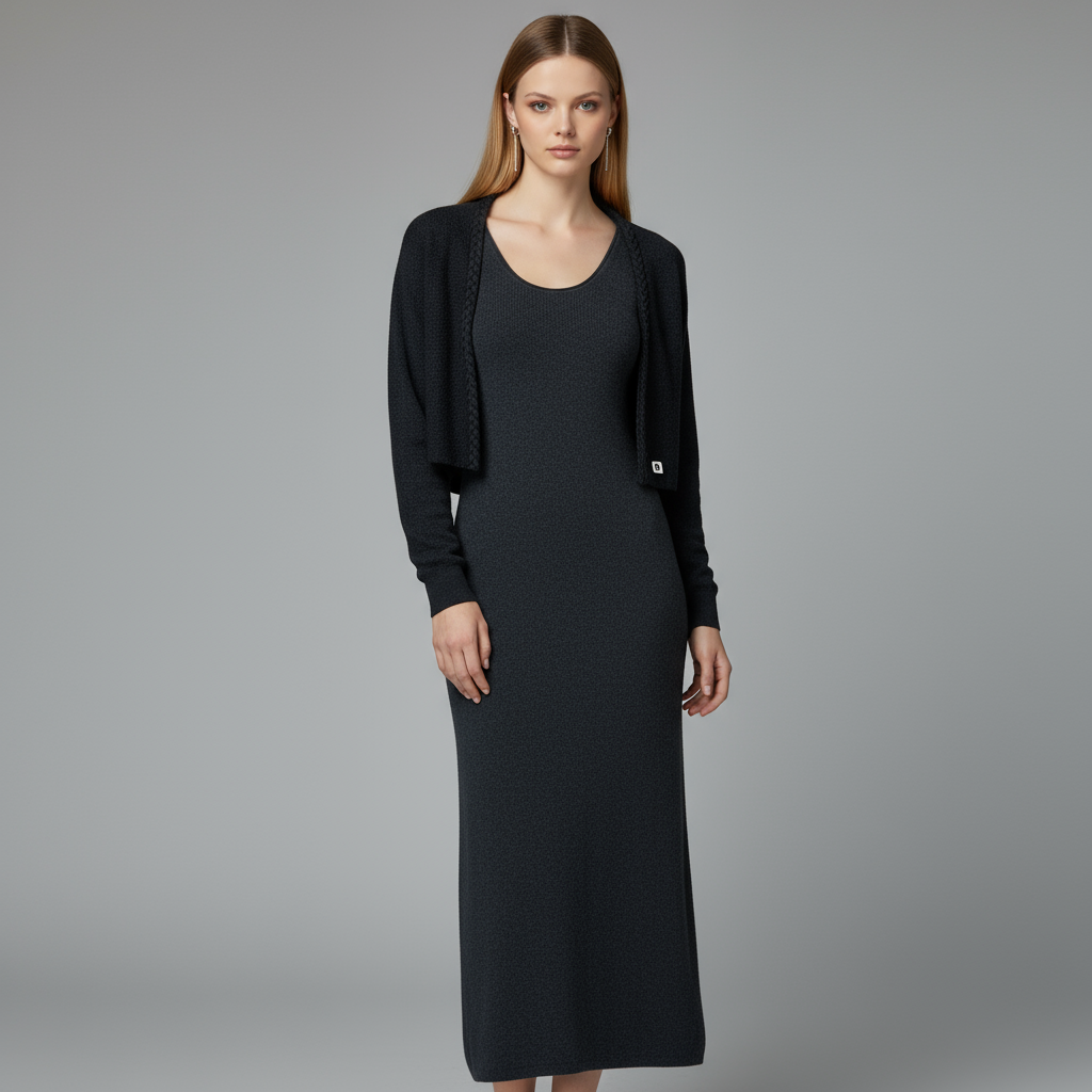 Женский комплект серого трикотажного платья на заказ: Макси без рукавов + укороченный кардиган, элегантный дизайн из 2 частей