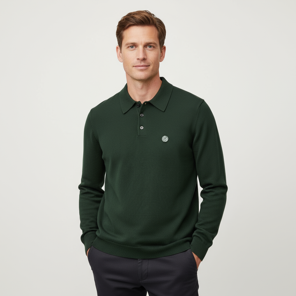 Мужское вязаное поло Forest Green: длинный рукав, эмблема, изысканный повседневный стиль