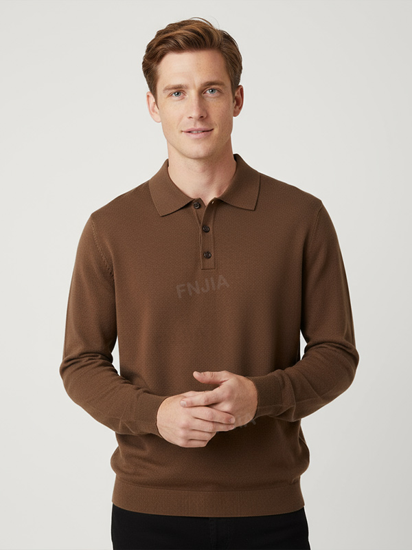Мужское теплое вязаное поло коричневого цвета: Длинный рукав, планка на пуговицах, Изысканный повседневный стиль