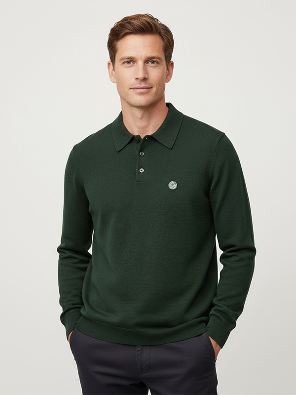 Мужское вязаное поло Forest Green: длинный рукав, эмблема, изысканный повседневный стиль