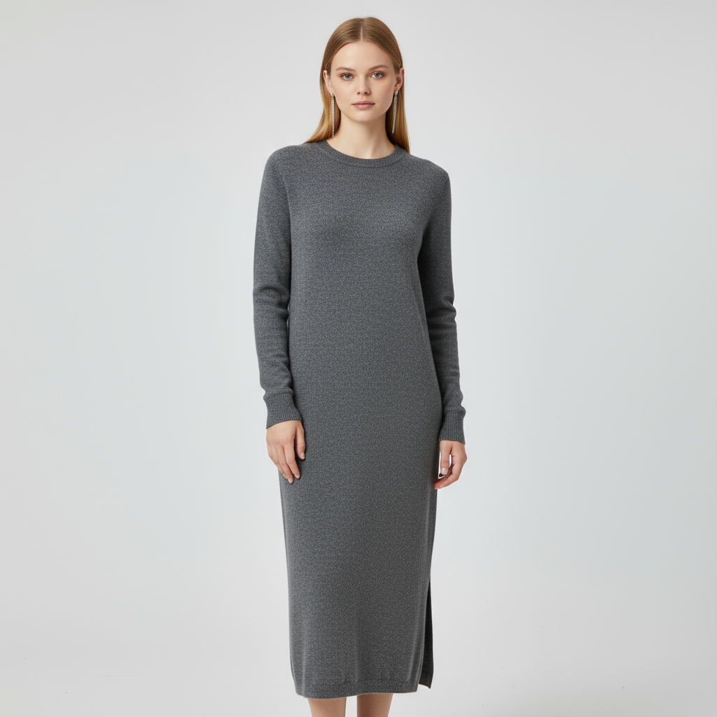 Женское серое трикотажное платье макси на заказ: круглый вырез горловины, разрез сзади, минималистичный повседневный дизайн