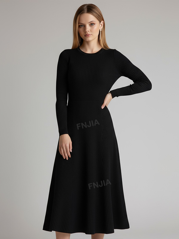 Женское черное трикотажное платье миди в рубчик с длинным рукавом, расклешенный силуэт, элегантный повседневный дизайн