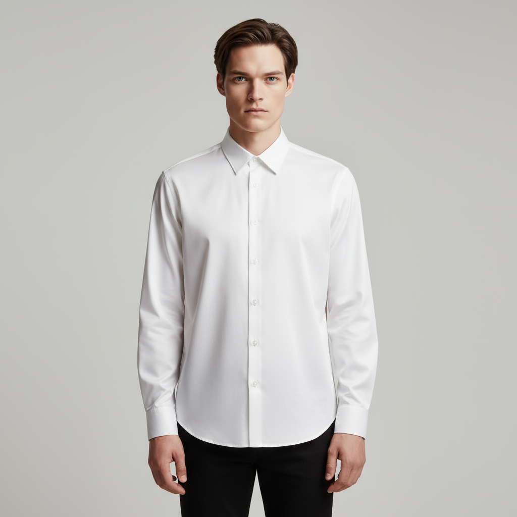 Мужская белая шелковистая рубашка с длинным рукавом: Гладкая ткань, безупречный официально-повседневный дизайн