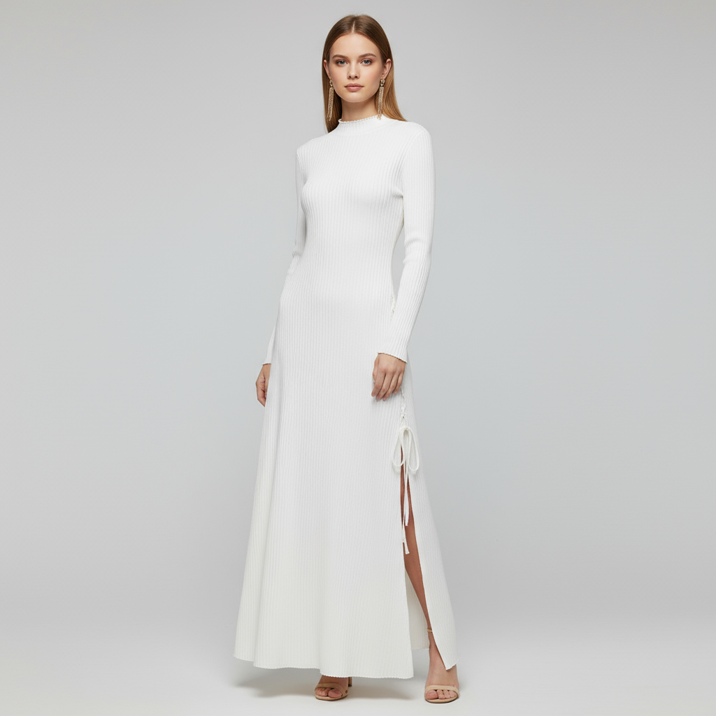 Женское белое макси-платье в рубчик: водолазка, завязывающийся разрез, элегантный дизайн в официально-повседневном стиле