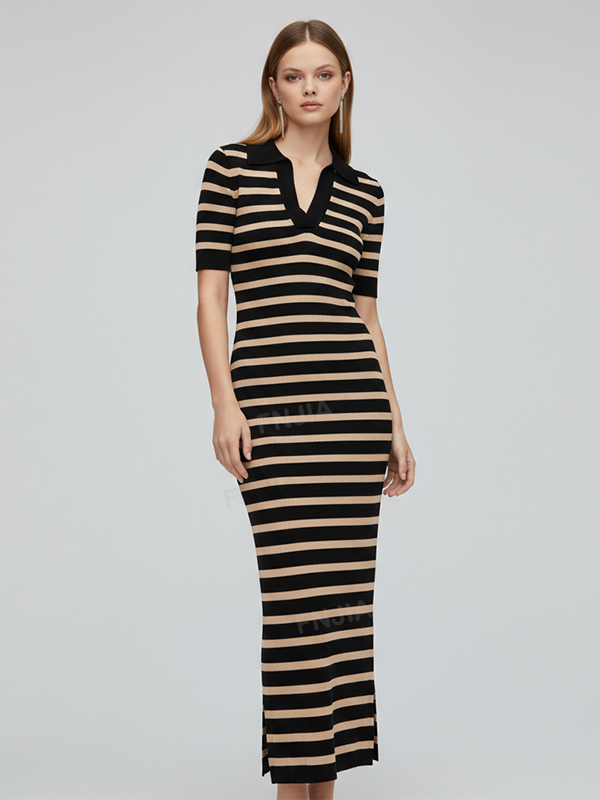 Женское макси-платье поло в черную и верблюжью полоску: приталенное, с коротким рукавом, в стиле ретро-кэжуал