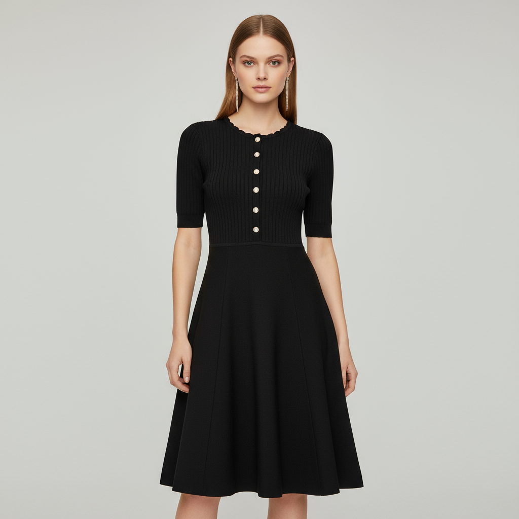 Женское черное платье миди в рубчик с жемчужными пуговицами, пышными рукавами, элегантный повседневный дизайн