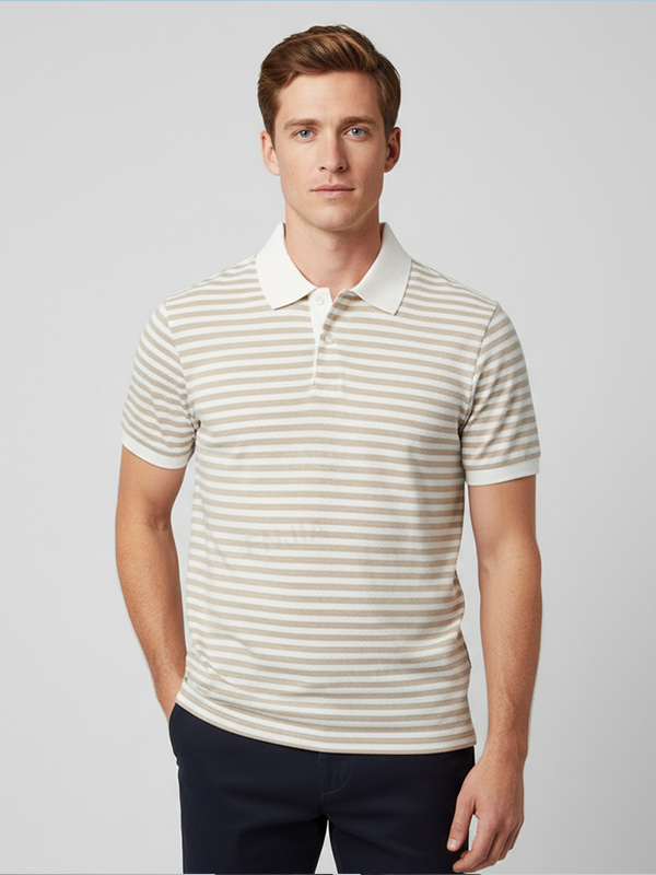 Мужская бежевая рубашка поло в полоску: Контрастный воротник, мягкая текстура, Повседневный дизайн