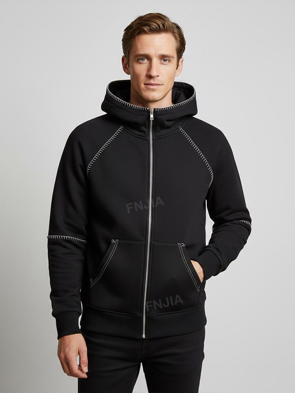 Мужская черная толстовка с капюшоном на молнии: Контрастная отстрочка, карман-кенгуру, Повседневная одежда