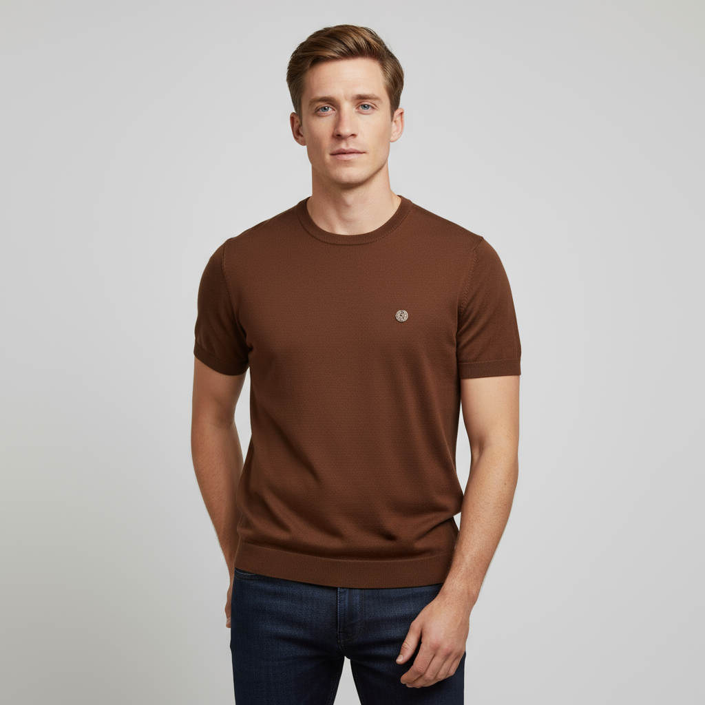 Мужской коричневый трикотажный топ с коротким рукавом: Эмблема, мягкая текстура, Повседневный дизайн