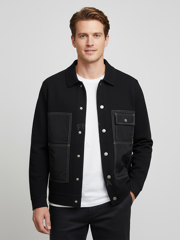 Мужская черная куртка-рубашка: Контрастная строчка, накладные карманы, Повседневная верхняя одежда