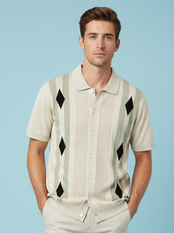 Мужская бежевая трикотажная рубашка-поло в полоску, короткий рукав, повседневный дизайн