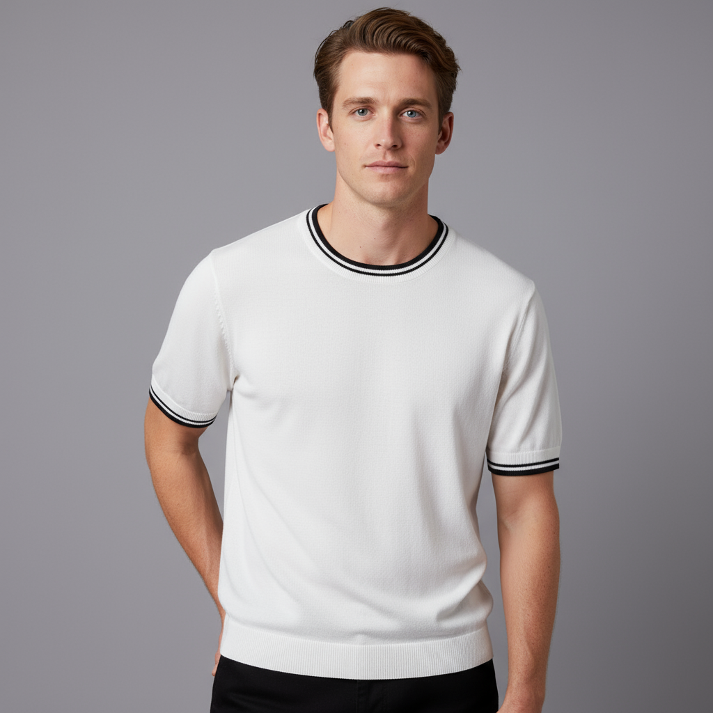 Мужской белый трикотажный топ с коротким рукавом: Черная контрастная отделка, мягкая текстура, Повседневный дизайн