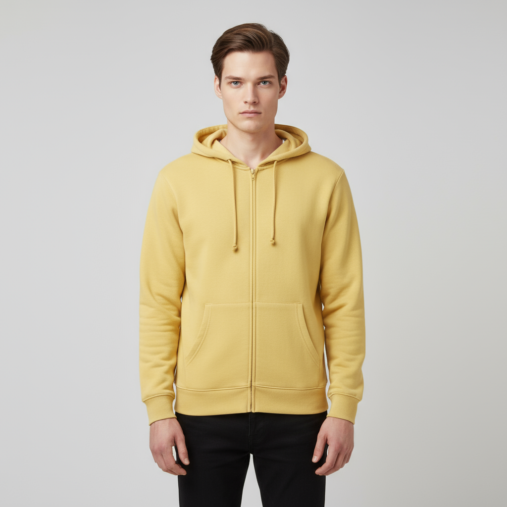 Мужская желтая толстовка с капюшоном на молнии: Классический дизайн, карман-кенгуру, Повседневная одежда