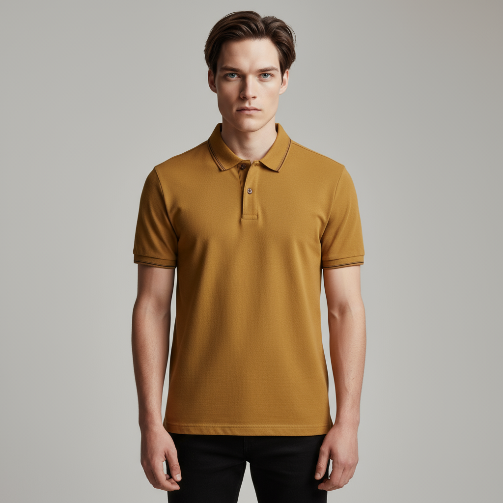 Мужская горчичная рубашка-поло: Контрастная отделка, Классический дизайн, Повседневная одежда