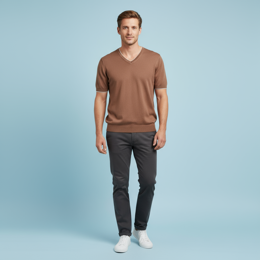 Мужской вязаный топ коричневого цвета с V-образным вырезом и коротким рукавом: Контрастная отделка, мягкая текстура, Повседневный дизайн
