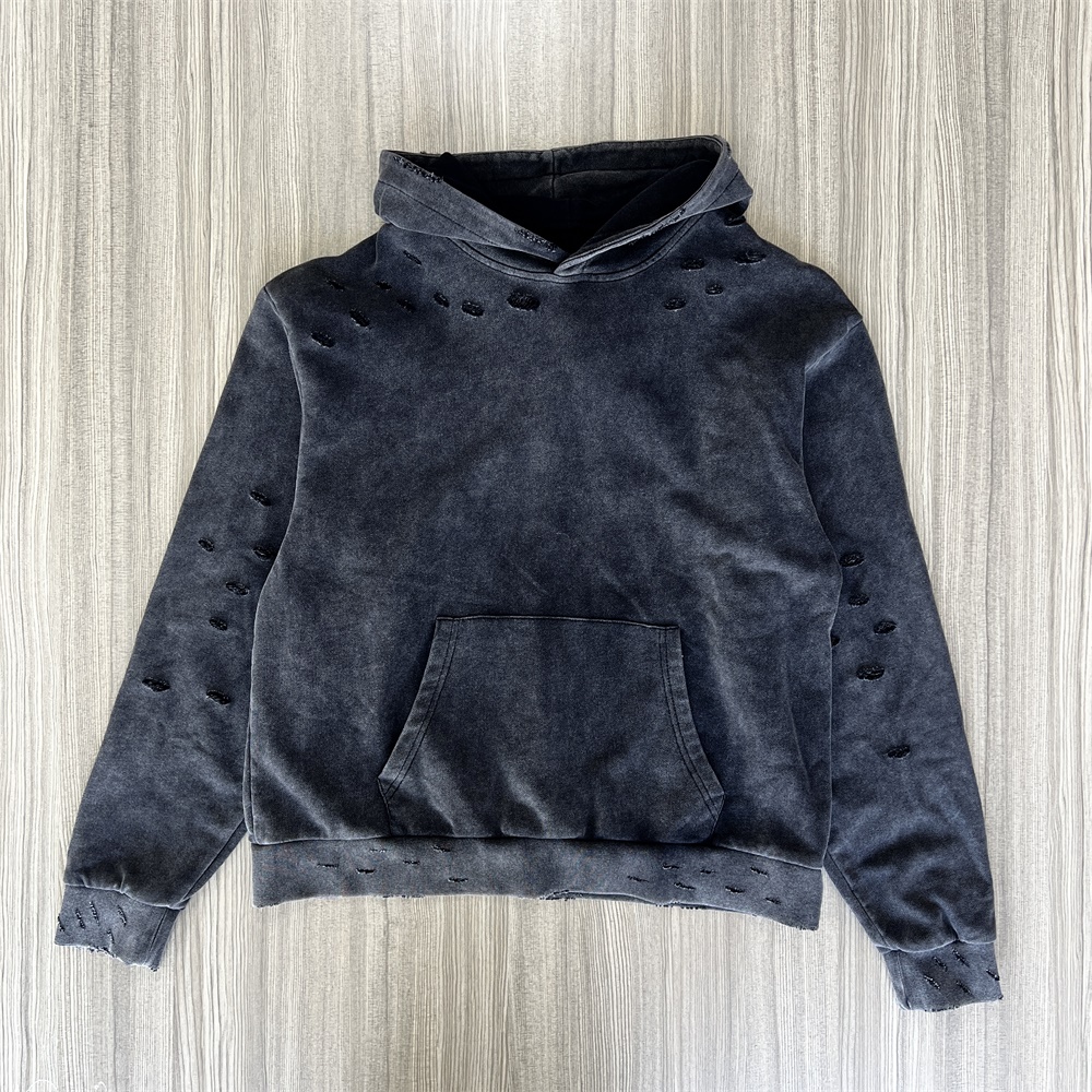 Женская толстовка с капюшоном цвета древесного угля: рваные детали, повседневная одежда