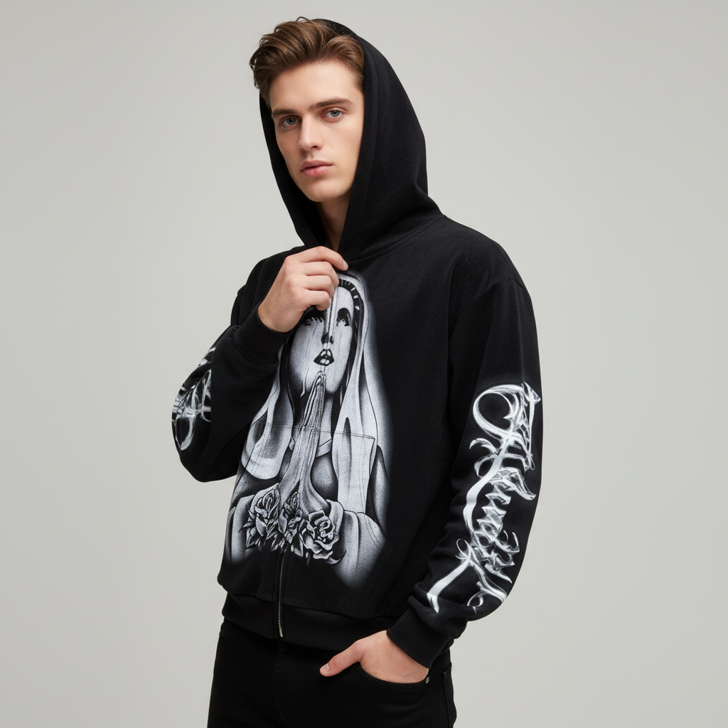 Мужская черная толстовка с капюшоном с графическим рисунком: Религиозный принт, застежка на молнию, Повседневная одежда