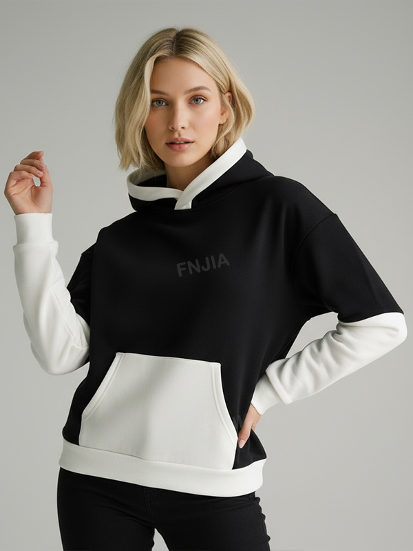 Женская черно-белая толстовка с капюшоном в цветоблок: Укороченный крой, повседневная одежда