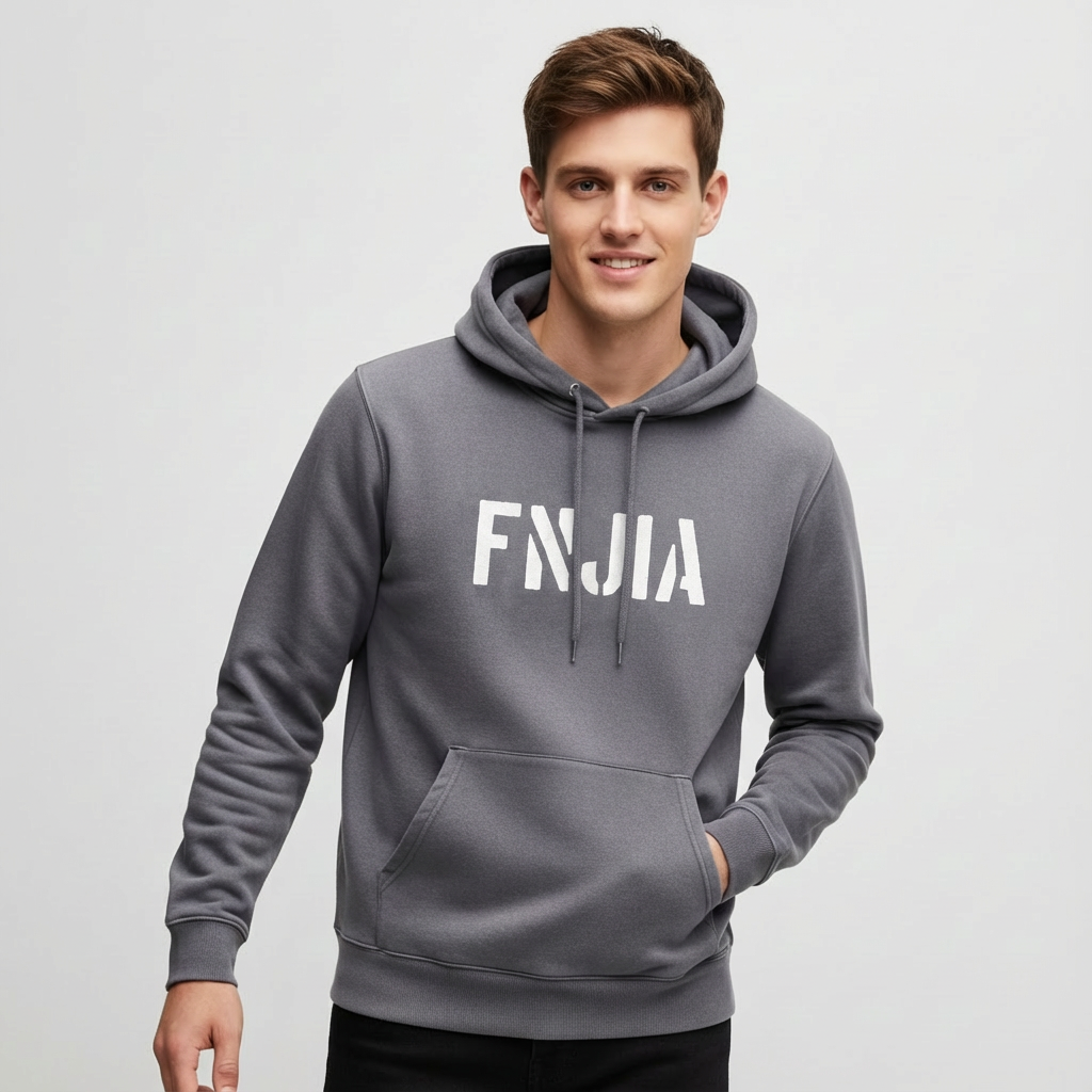 Мужская серая толстовка с капюшоном: Фирменный логотип FNJIA, карман-кенгуру, Повседневная одежда