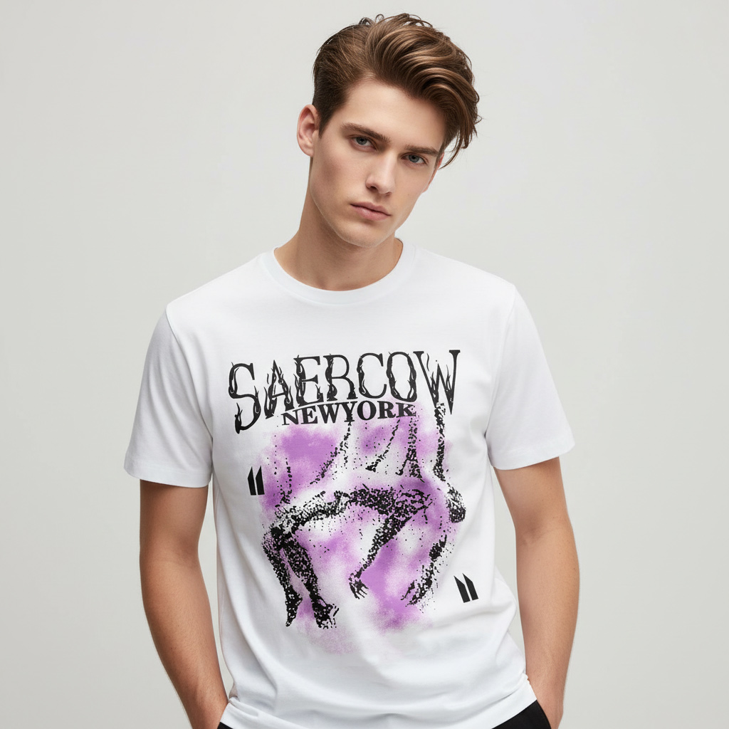 Мужская белая футболка с рисунком: Фиолетовый принт, Повседневная одежда