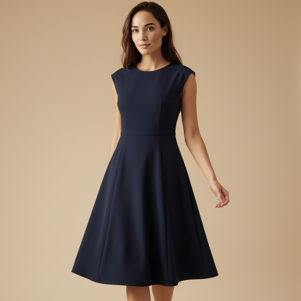 Женское темно-синее платье миди без рукавов расклешенного А-силуэта