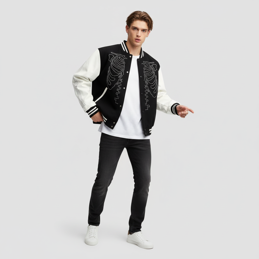Черно-белая университетская куртка унисекс на заказ: дизайн в виде скелета со стразами, повседневная верхняя одежда