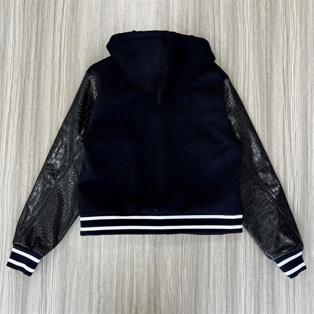 Унисекс темно-синяя школьная куртка с капюшоном: Кожаные рукава, логотип "FNJIA", Повседневная одежда