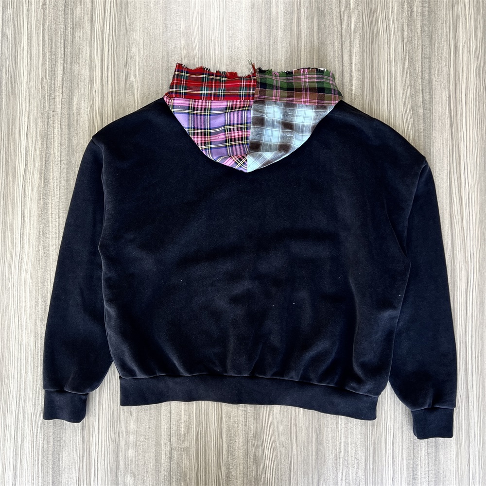 Женская темно-синяя толстовка с капюшоном в стиле пэчворк: детали в клетку, логотип "FNJIA", повседневная одежда