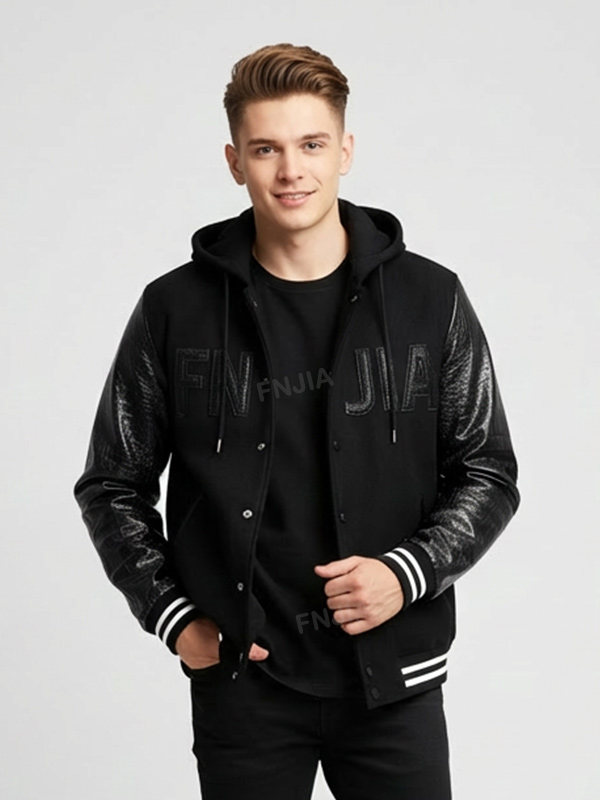 Унисекс темно-синяя школьная куртка с капюшоном: Кожаные рукава, логотип 