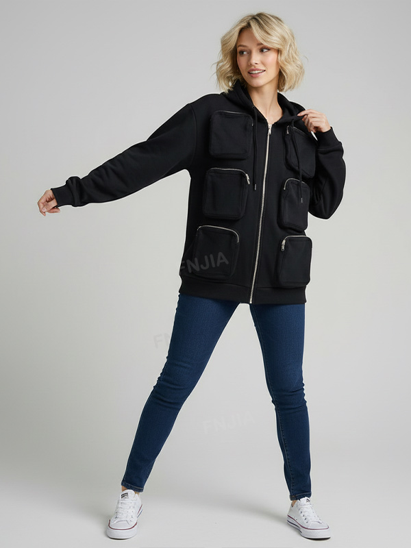 Женская темно-синяя толстовка с капюшоном и несколькими карманами: На молнии, практичный дизайн, Повседневная одежда