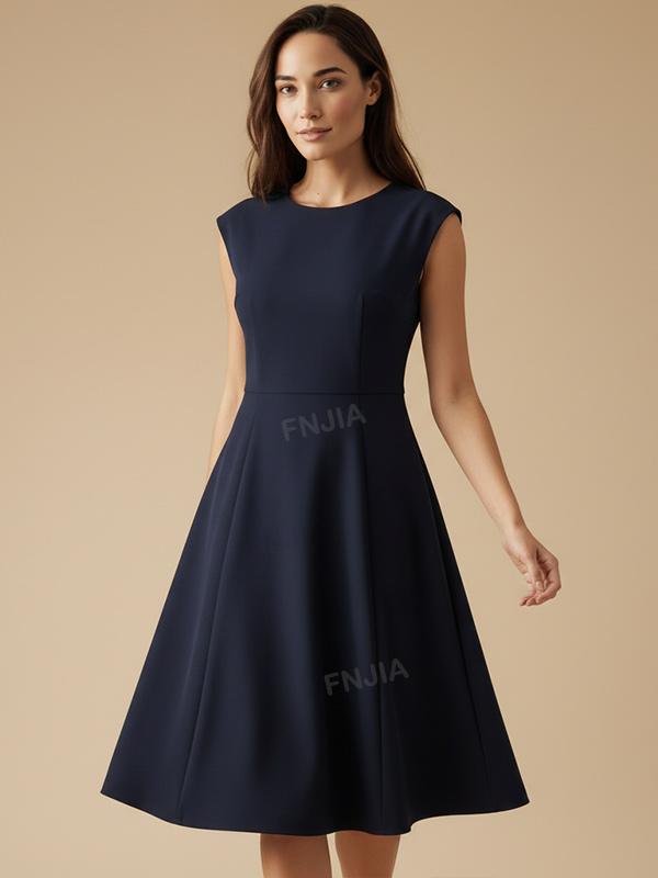 Женское темно-синее платье миди без рукавов расклешенного А-силуэта