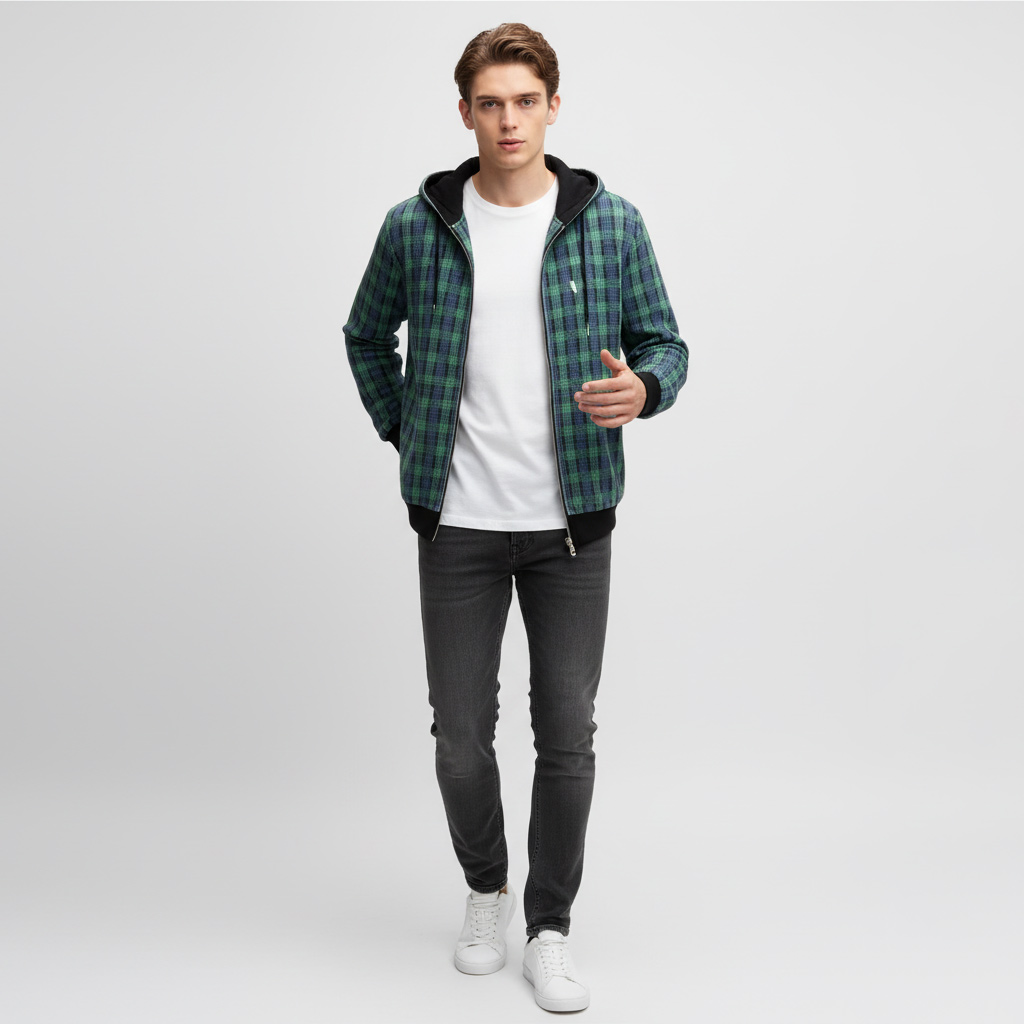 Толстовка в зеленую клетку унисекс на заказ: Застежка на молнию, контрастная отделка, Повседневная одежда