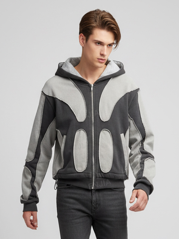 Мужская серо-черная толстовка с капюшоном в стиле пэчворк: Укороченный крой, повседневная одежда на молнии