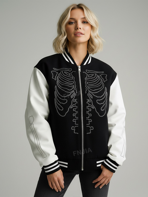 Черно-белая университетская куртка унисекс на заказ: дизайн в виде скелета со стразами, повседневная верхняя одежда