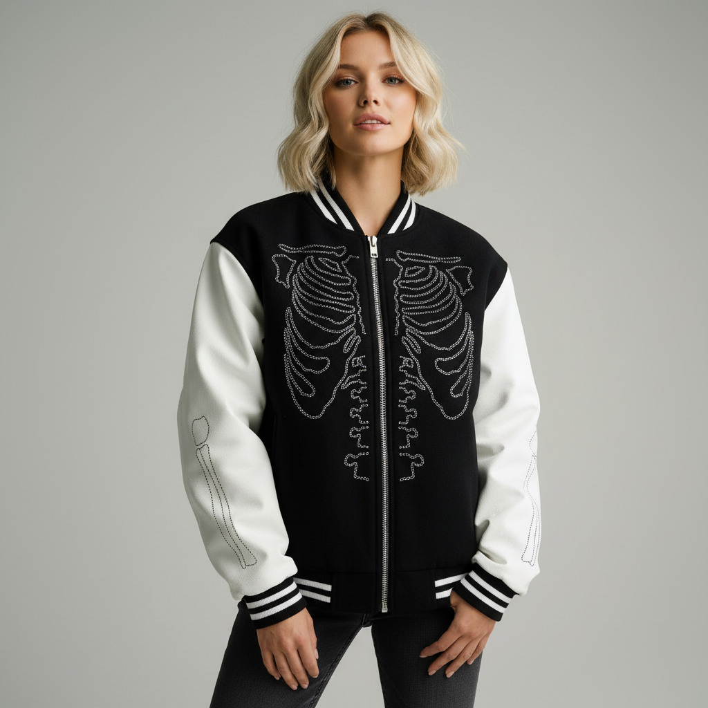 Черно-белая университетская куртка унисекс на заказ: дизайн в виде скелета со стразами, повседневная верхняя одежда
